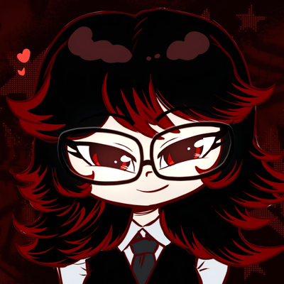 mel's avatar: a girl with red and black hair and big glasses