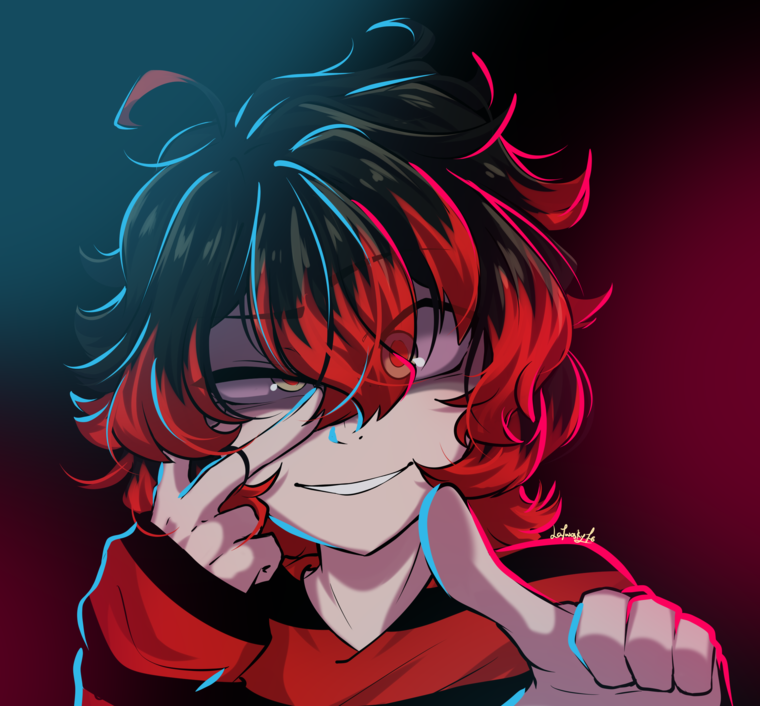 illustration of mel: red and black hair, neon rim light, grinning